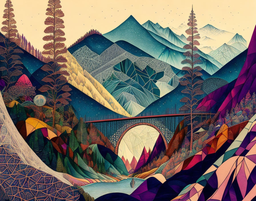 Vibrant landscape art with geometric patterns, bridge, river, mountains, and forest.