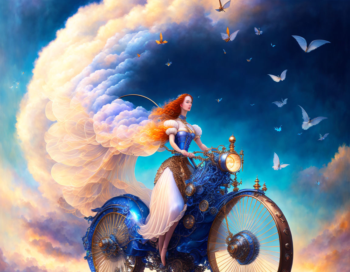 Red-haired woman in Victorian dress on intricate wheel structure in surreal sky.