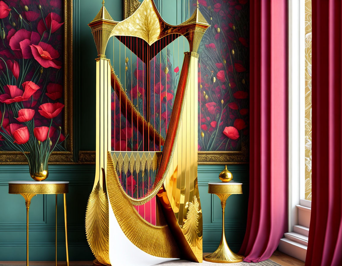 Intricate golden harp in elegant room with teal walls and red floral decor