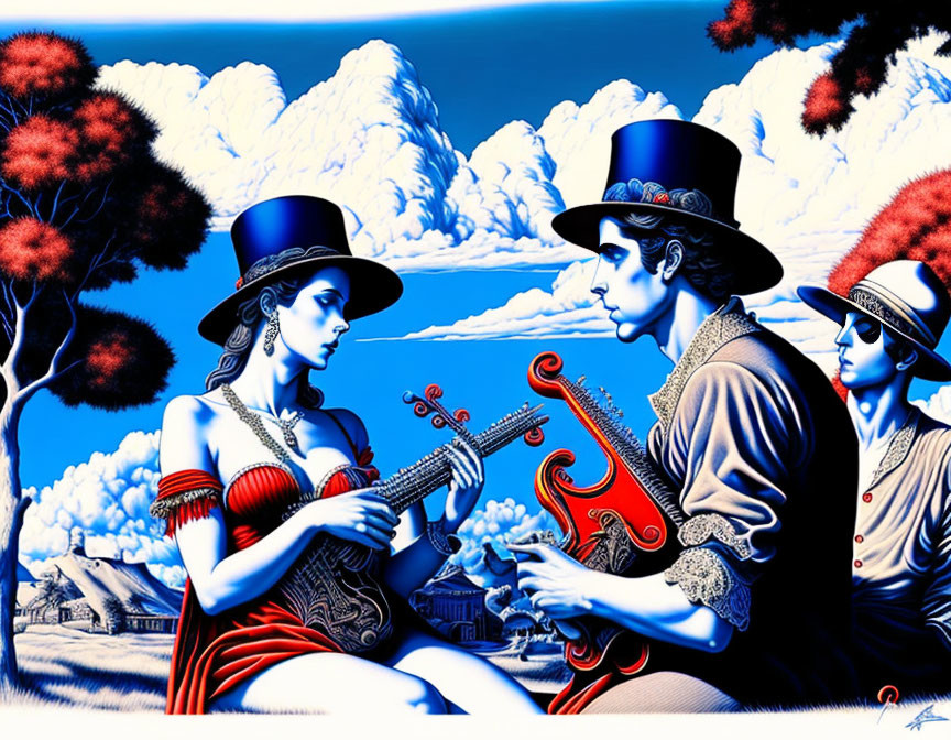 Illustration of two individuals playing stringed instruments outdoors with surreal red foliage.