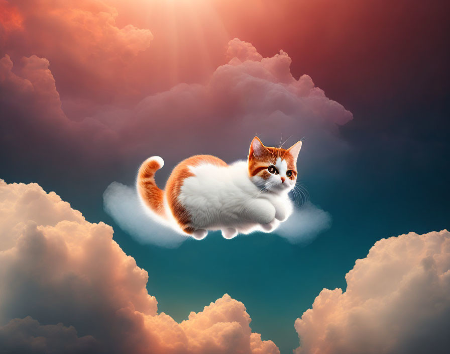 Orange and white cat on fluffy cloud under dramatic sky