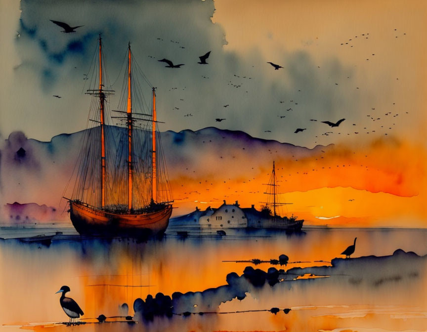 Sailboats and birds against orange twilight sky at water's edge