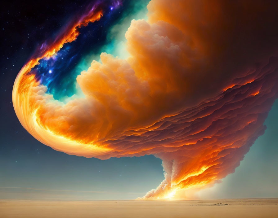 Vibrant digital artwork: Massive fiery cloud against starry sky