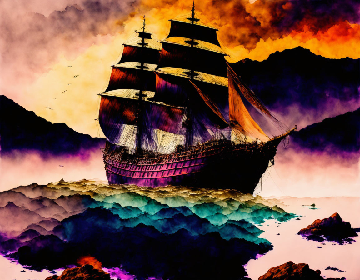 Vibrant sailing ship painting with colorful sky