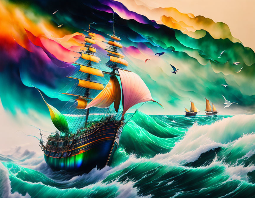 Vibrant ship with colorful sails on tumultuous waves and swirling skies