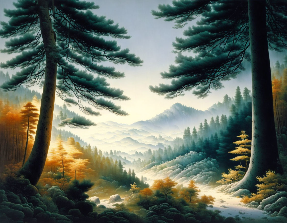 Misty Mountain Landscape with Tall Pine Trees