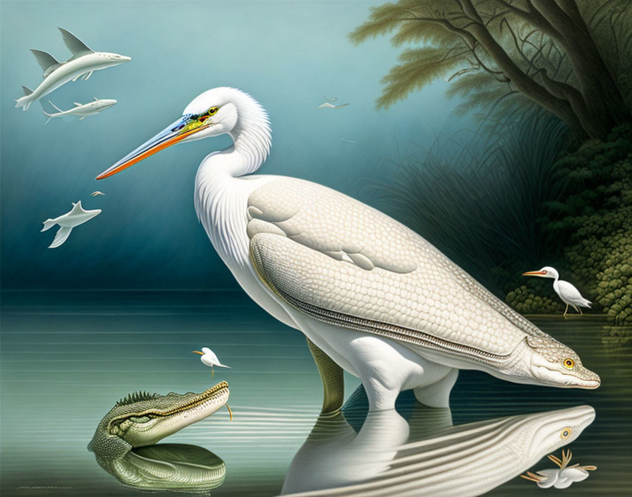 Surreal bird with alligator body by lake with flying fish and other creatures