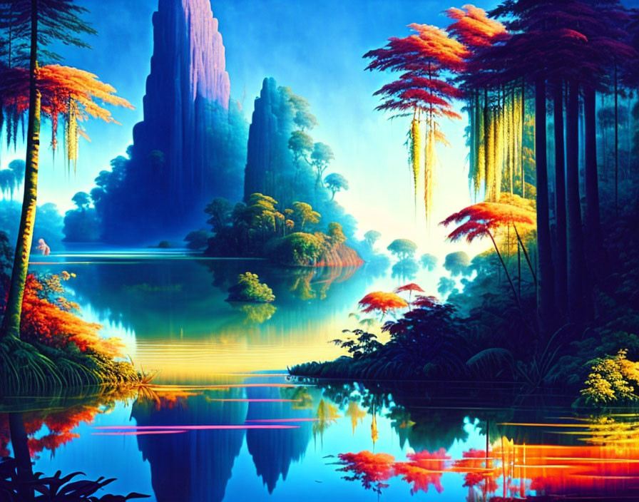 Digital artwork: Tranquil lake, red foliage trees, hanging vines, rock formations at twilight