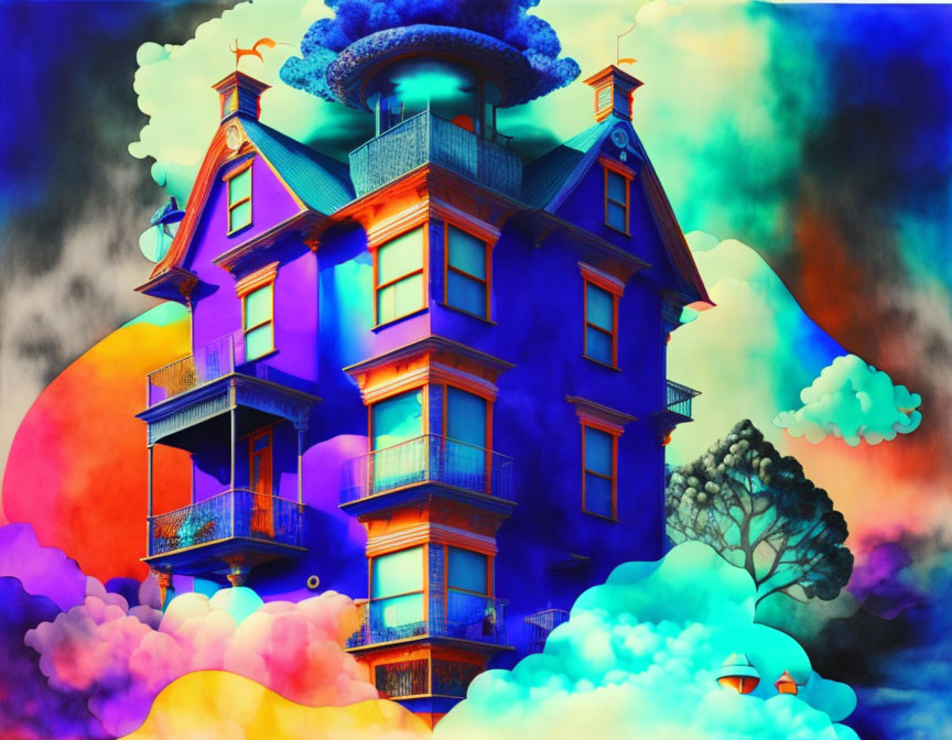 Colorful Victorian House Floating Among Psychedelic Clouds