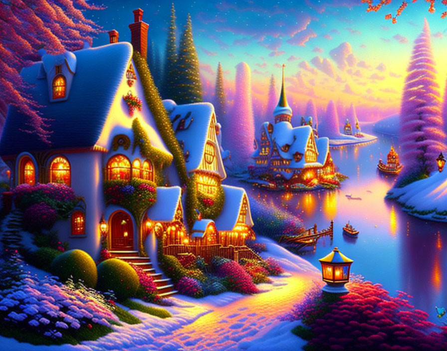 Snow-covered cottages in serene winter village with glowing lantern and river at twilight