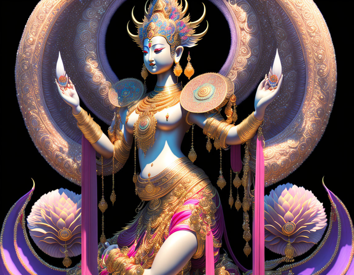 Vibrant digital art: multi-armed deity with ornate jewelry & intricate circular patterns