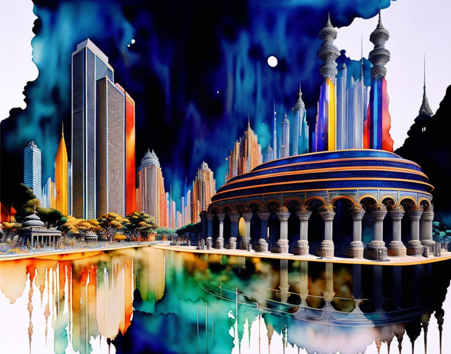 Colorful skyscrapers in surreal cityscape under starry sky reflected in water