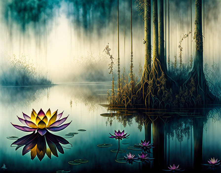 Mystical foggy swamp with towering trees and glowing flowers