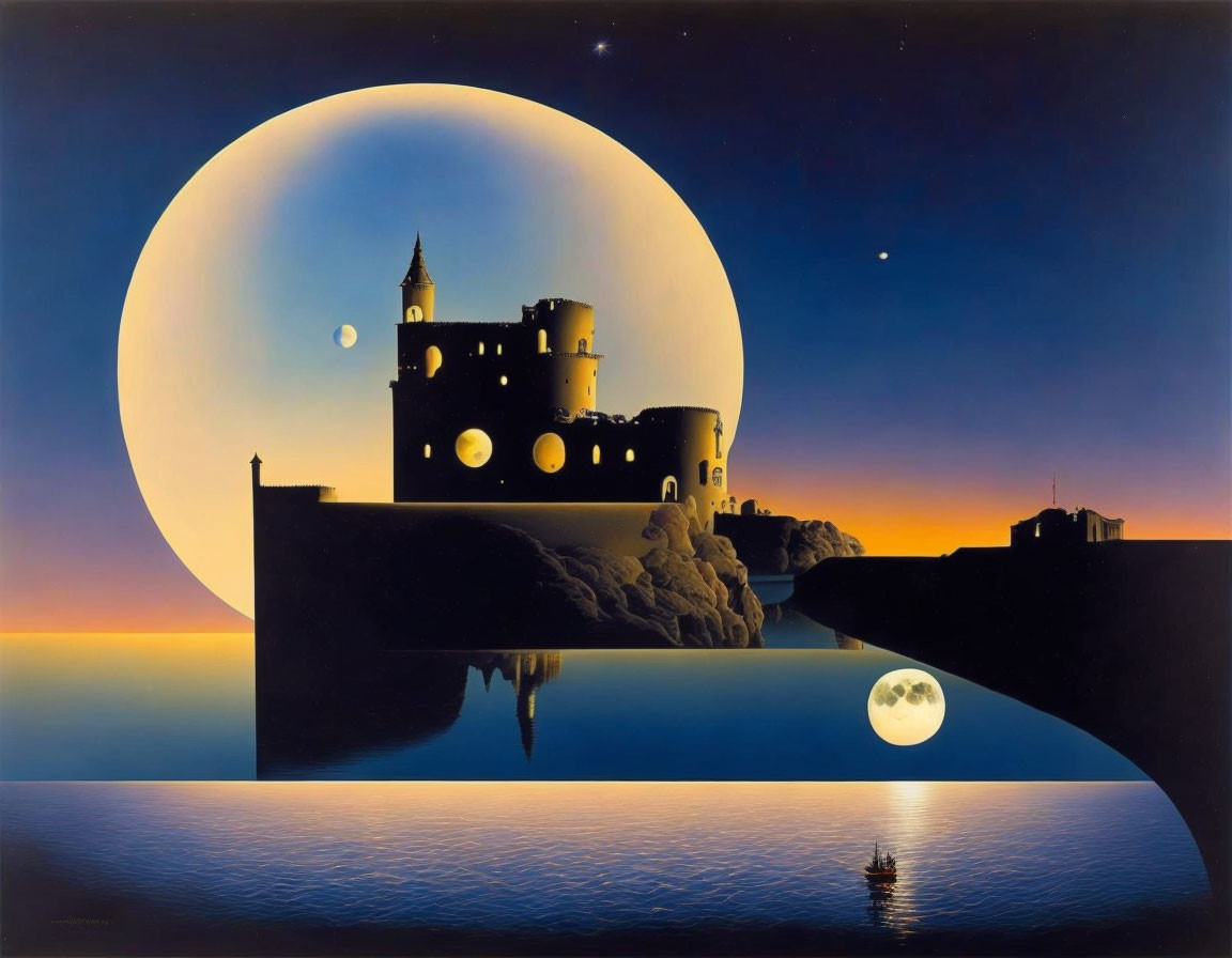 Surreal painting: Moon rising behind castle on cliff over calm waters