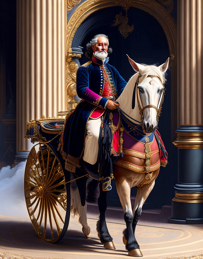 Historical portrait with man, horse, and chariot in ornate setting