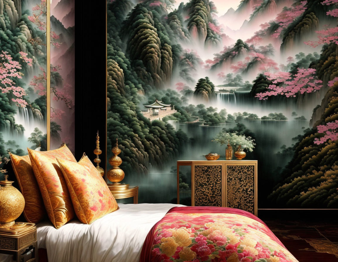 Luxurious Bedroom with Ornate Asian Landscape Mural