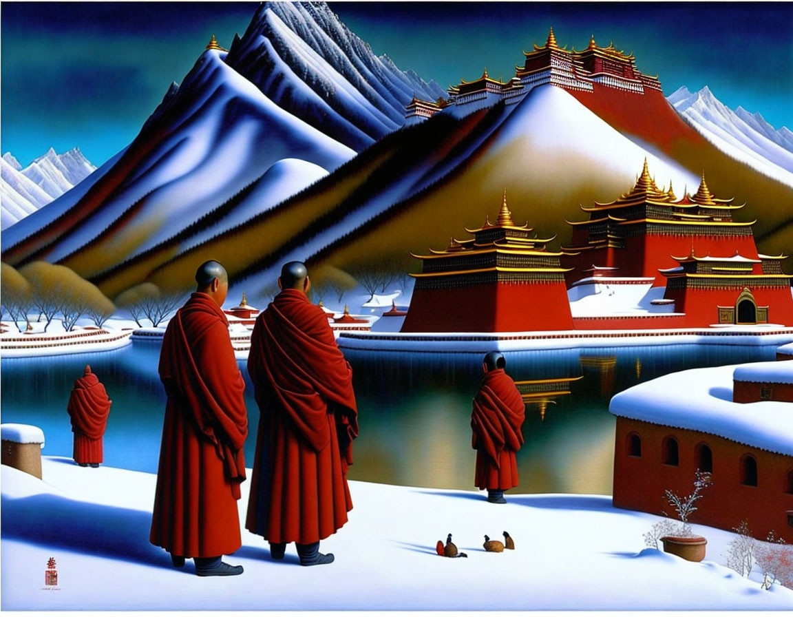 Monks in Red Robes in Snowy Tibetan Landscape