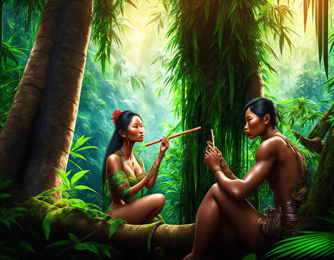 Two women in lush jungle scene with flute player and listener among exotic plants.