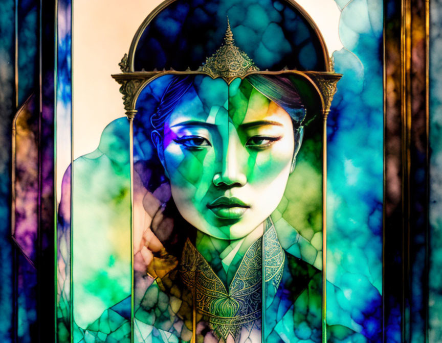 Colorful Stained Glass Artwork of Woman in Traditional Headgear