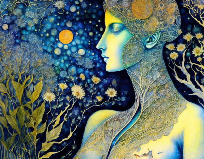 Vibrant illustration of woman with nature and cosmos elements