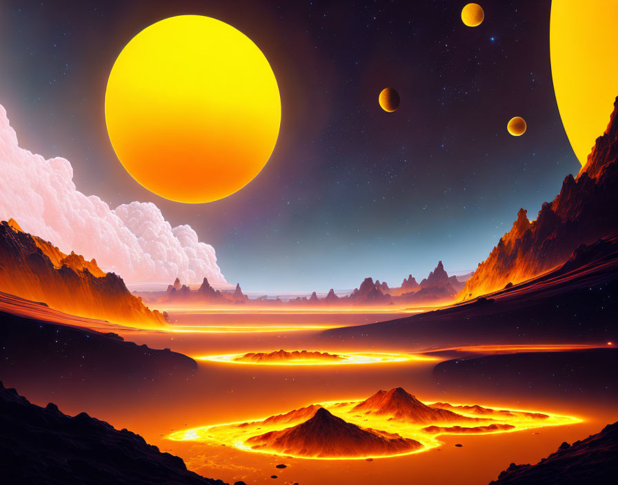 Sci-fi landscape with yellow sun, moons, lava rivers, and jagged terrain