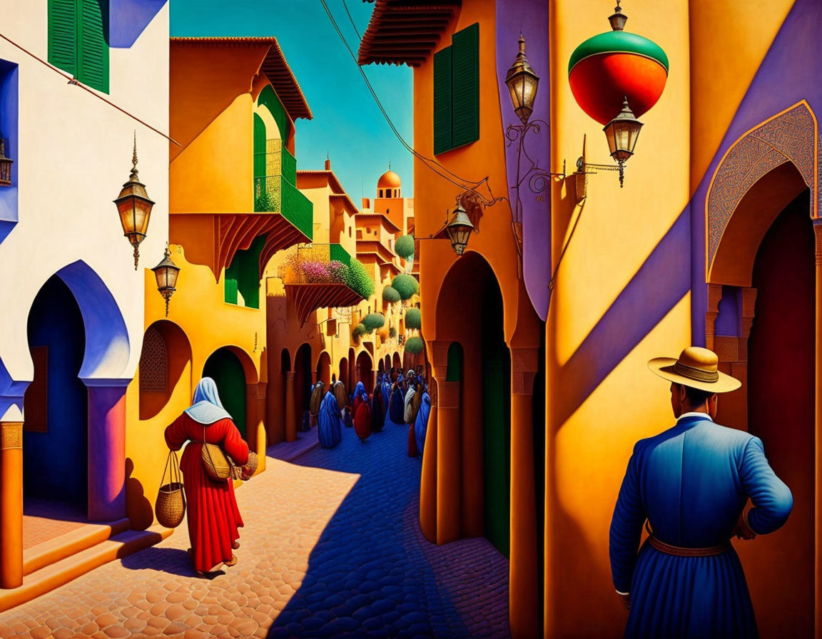 Colorful village street scene with figure in foreground