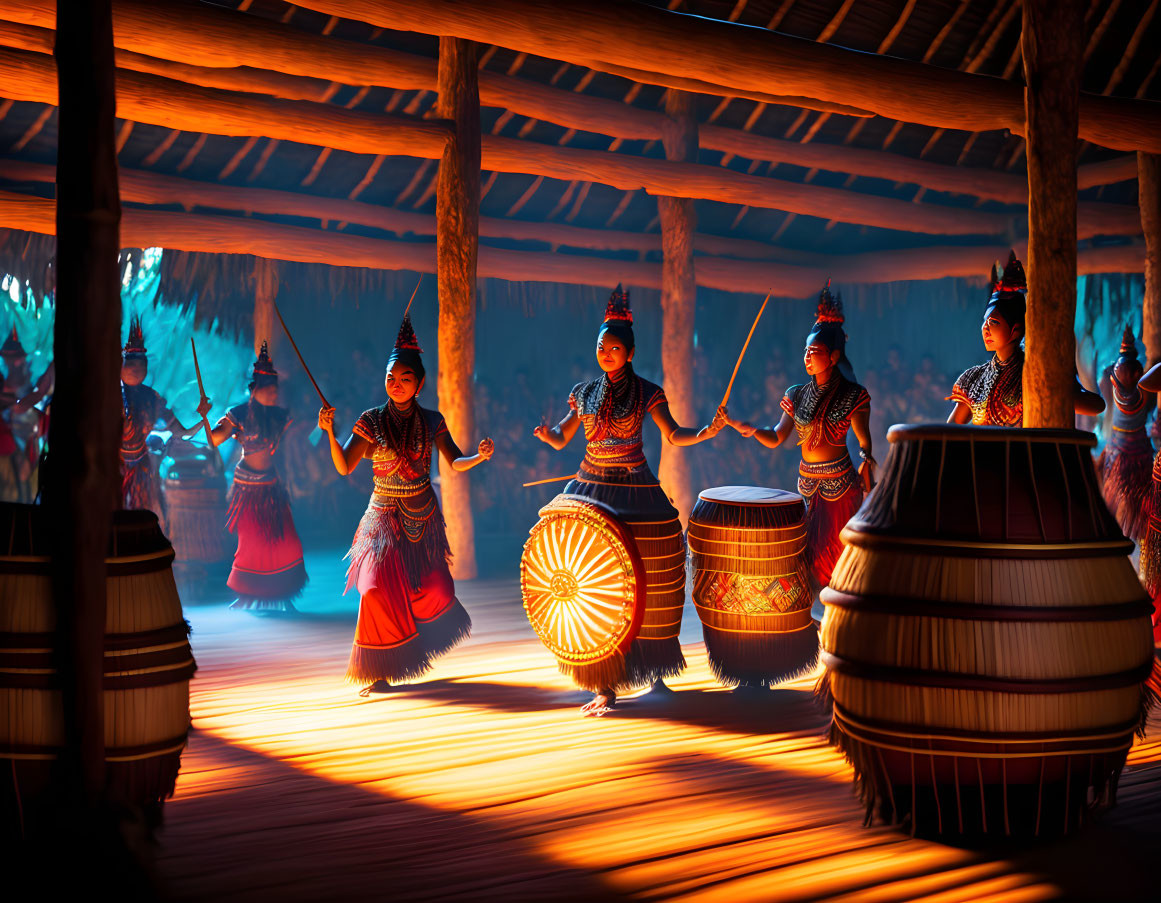 Traditional Dancers in Ornate Costumes Performing with Drums in Warm Ambient Lighting