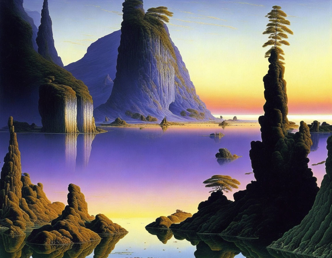 Tranquil landscape: cliffs, reflective lake, waterfall, rock formations in twilight hues