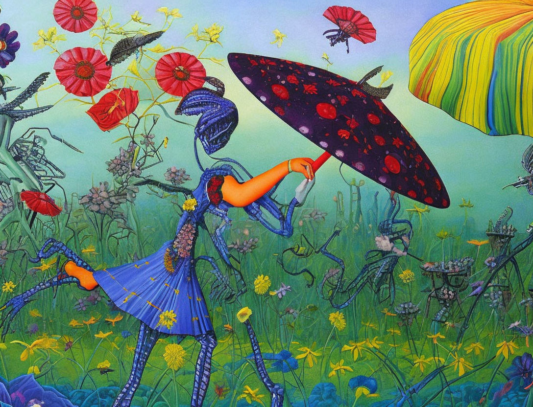 Colorful painting of whimsical figures under red umbrella in wildflower field