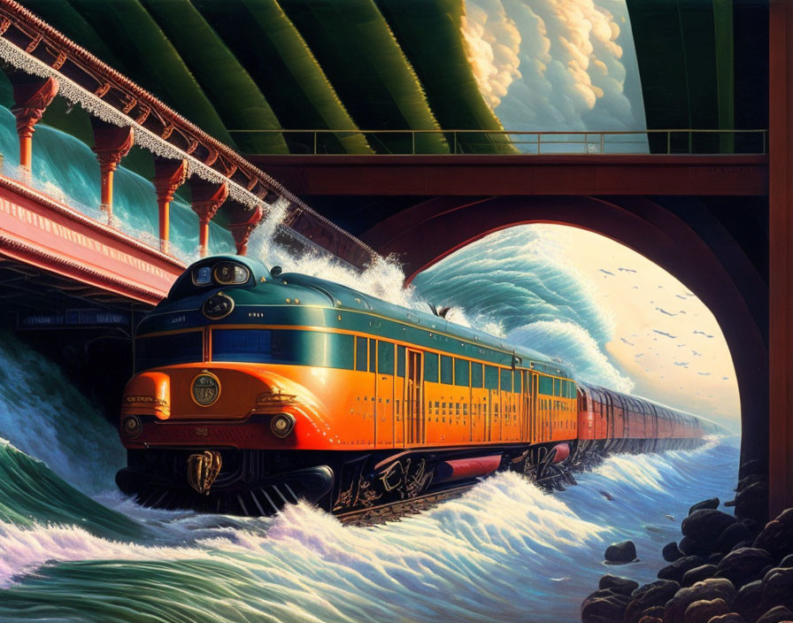 Vintage Train with Orange and Blue Livery on Coastal Tracks