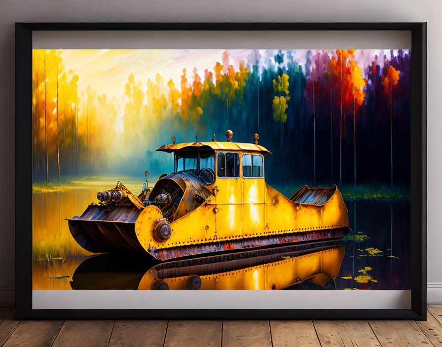 Vibrant painting: vintage tractor in abstract forest in modern room