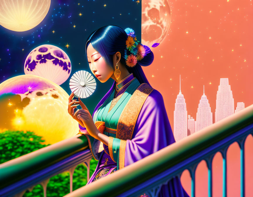 Digital artwork: Woman in Asian attire with fan, moons, city skyline