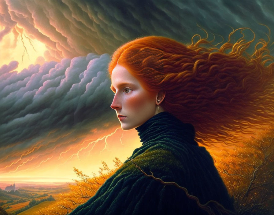 Red-haired woman contrasts with dramatic sky and lightning in pastoral landscape