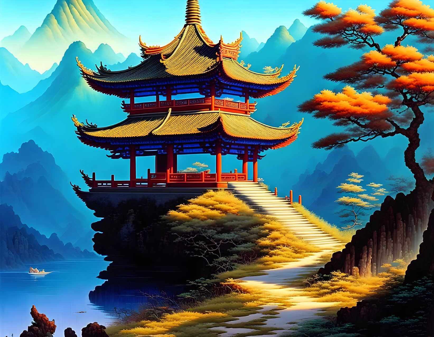 Asian Pagoda on Cliff with Autumn Trees, Mountains, and Boat