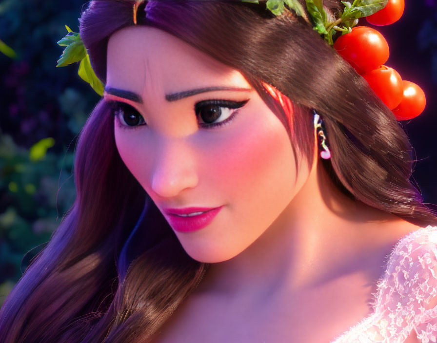 Close-up 3D animated female character with cherry tomato headpiece in vibrant colors