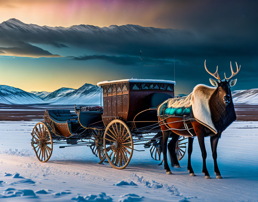 Ornate carriage pulled by reindeer in snowy landscape