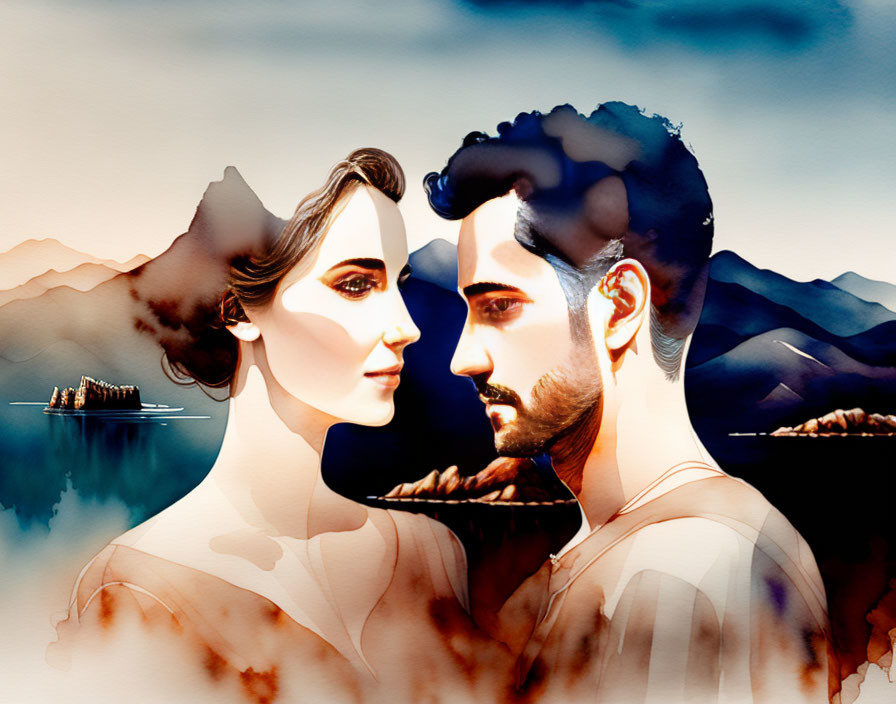 Profile silhouette of man and woman with watercolor mountain landscape blend