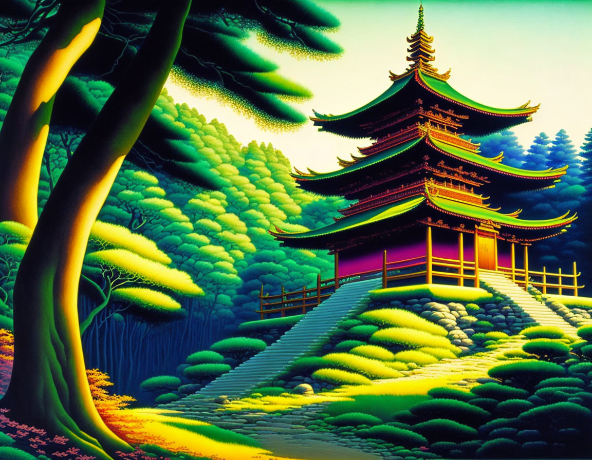 Illustration of multi-tiered pagoda in lush green hills