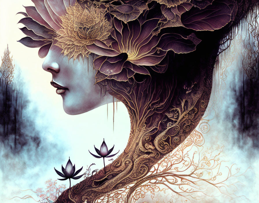 Surreal woman illustration with floral designs in misty forest