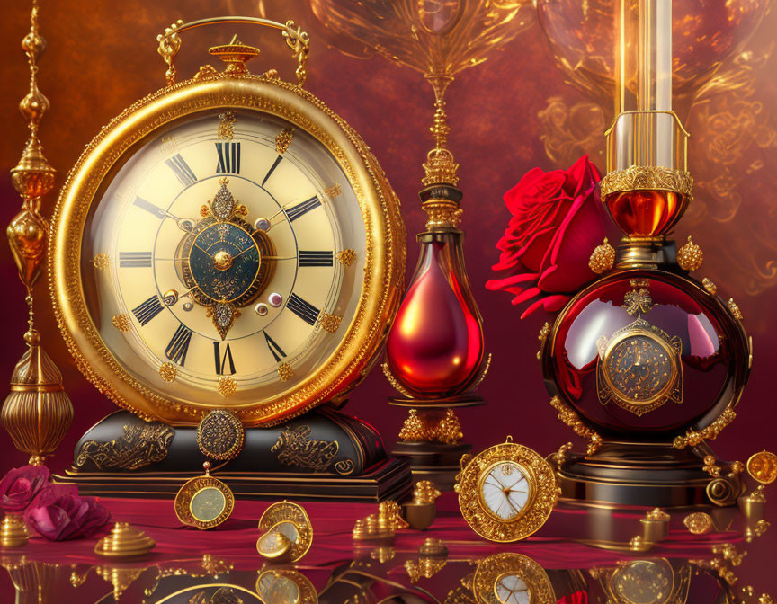 Luxurious Red Background with Gold Clocks, Rose, and Perfume Bottles