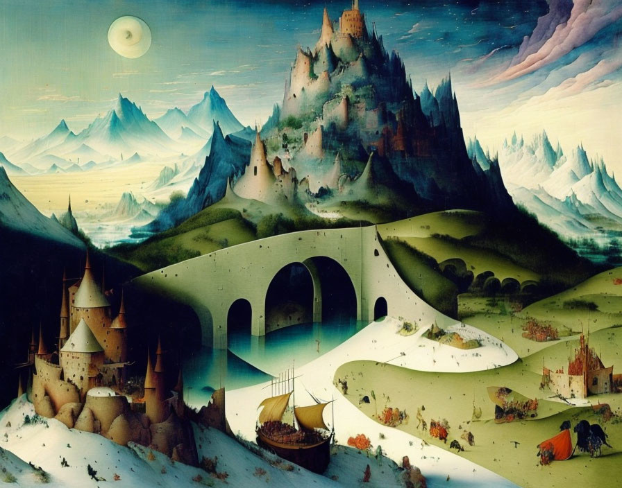 Fantastical landscape with towering castle, arched bridge, sailboats, and icy mountains