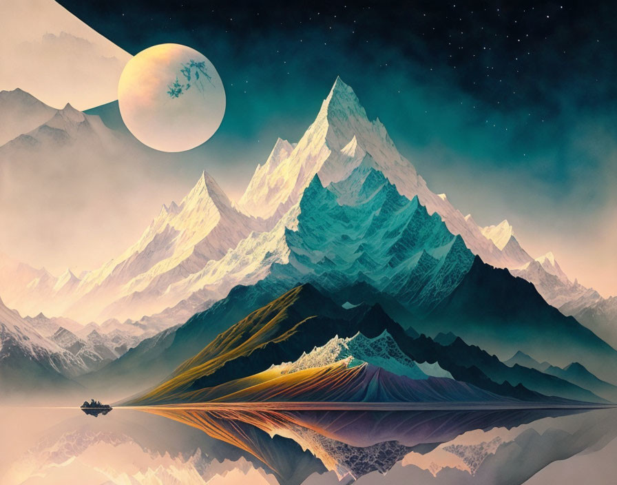 Vibrant surreal digital artwork: Sharp mountains, starry sky, moon, geometric terrain, solitary