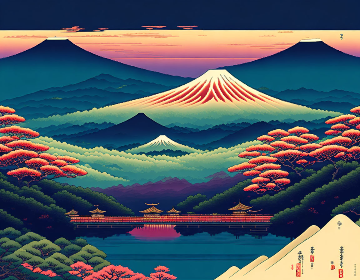 Serene landscape with Mount Fuji, sunset, Japanese architecture, cherry blossoms, and water