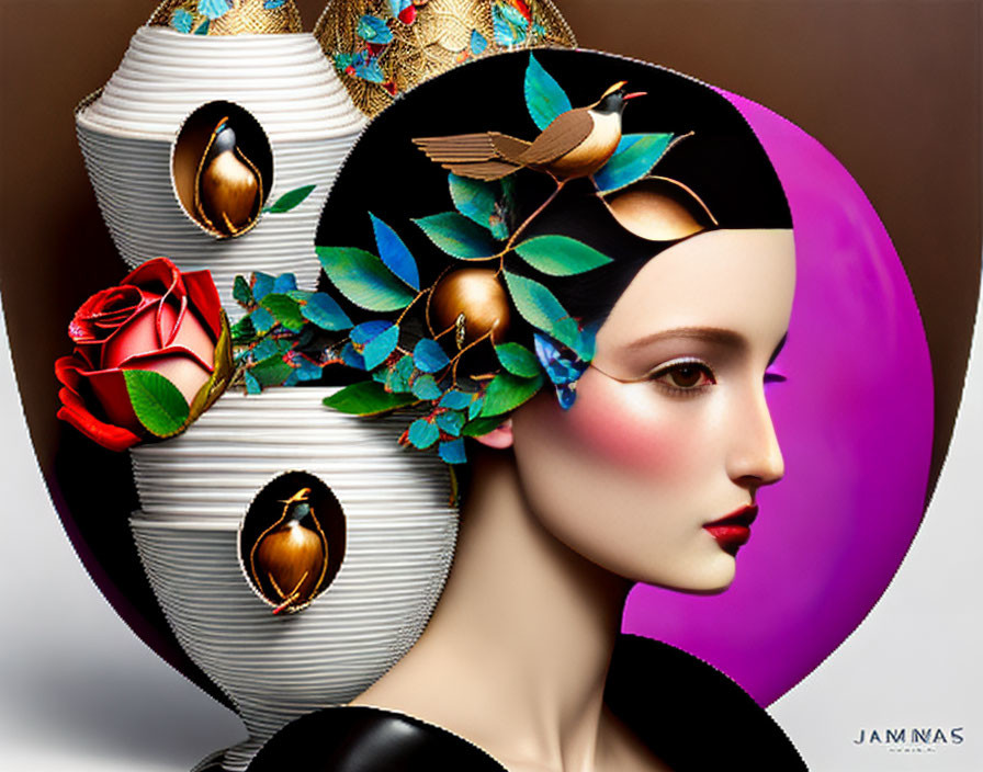 Surreal portrait of woman with vibrant purple circle, bird, rose, eggs, and foliage.