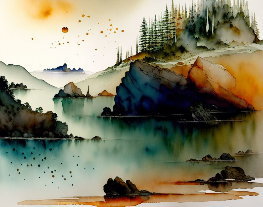 Serene landscape watercolor with layered hills and pine trees