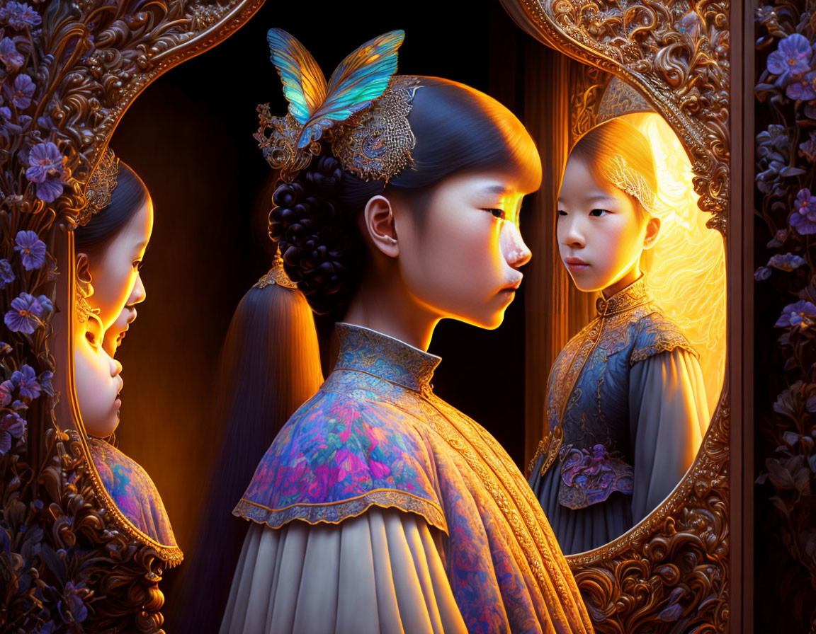 Illustration of girl with butterfly in hair gazing at glowing alter ego in mirror frame