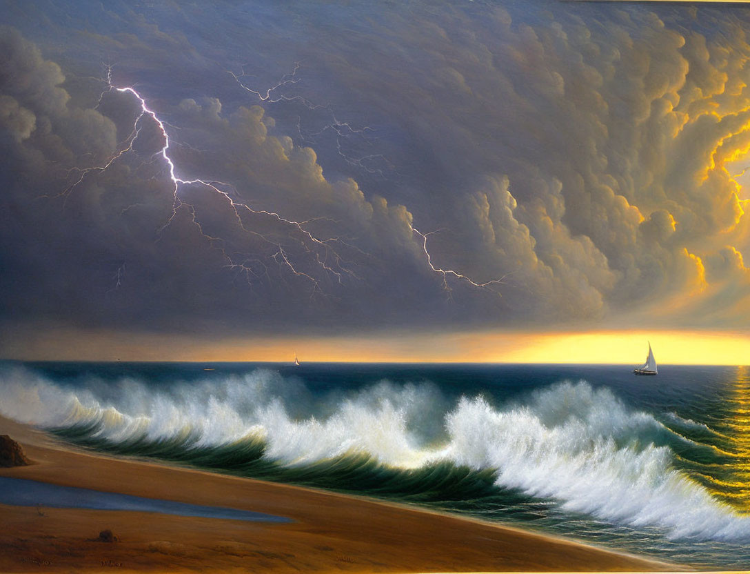 Stormy Seascape with Lightning and Sailboats