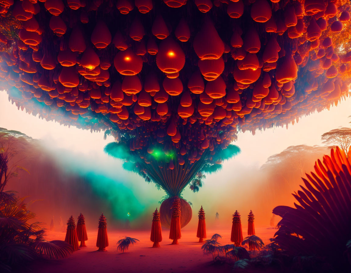 Surrealist landscape with upside-down tree and neon-lit forest