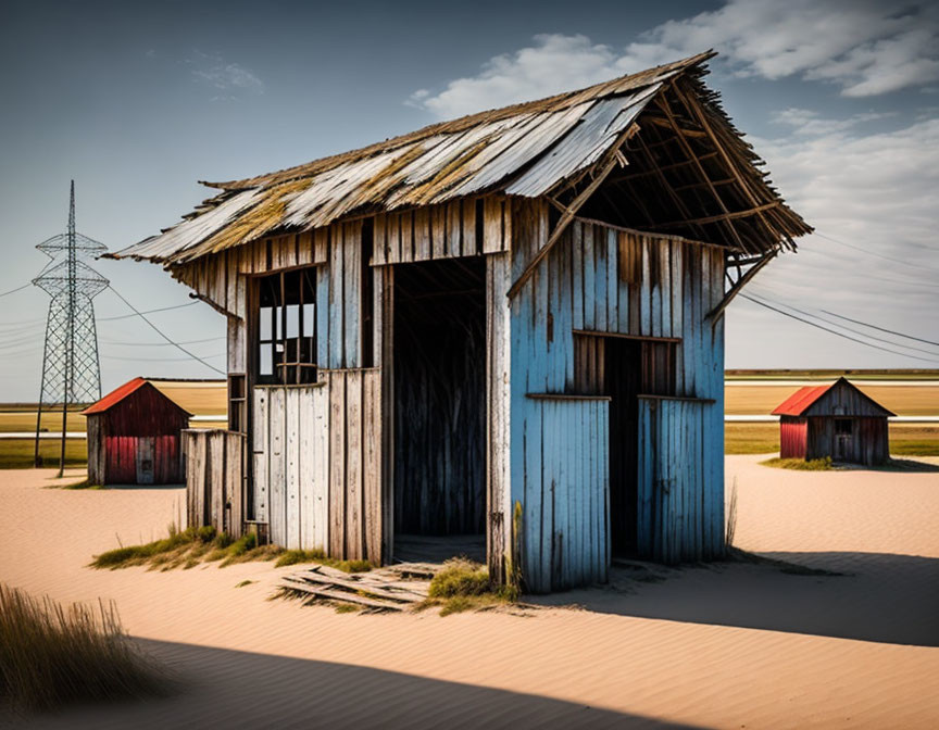 Weathered wooden shack with peeling blue door on sandy terrain, surrounded by red outbuildings and