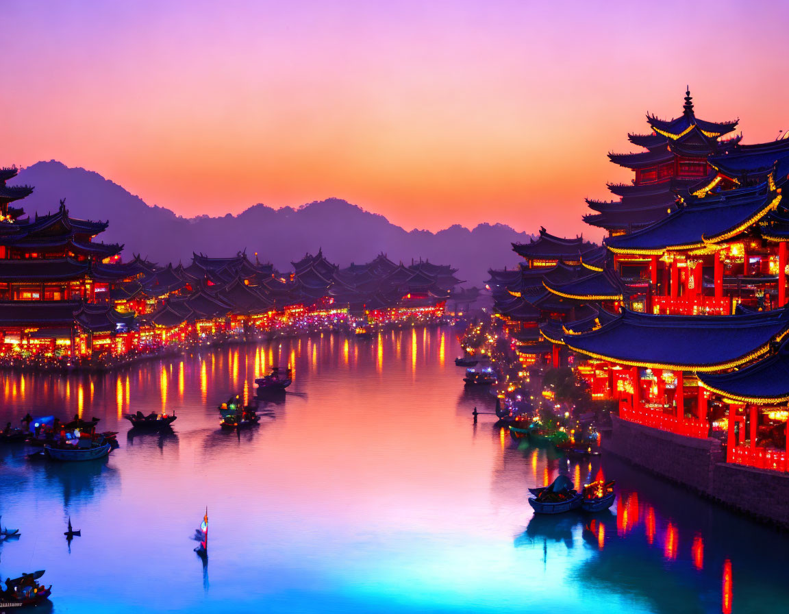 Traditional Chinese architecture with pagoda-style roofs by river at dusk